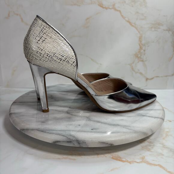 Seychelles Silver High Heels 7.5 Pointed Toe D'Orsay Leather‎ Pumps 3.5" Formal - Picture 7 of 13